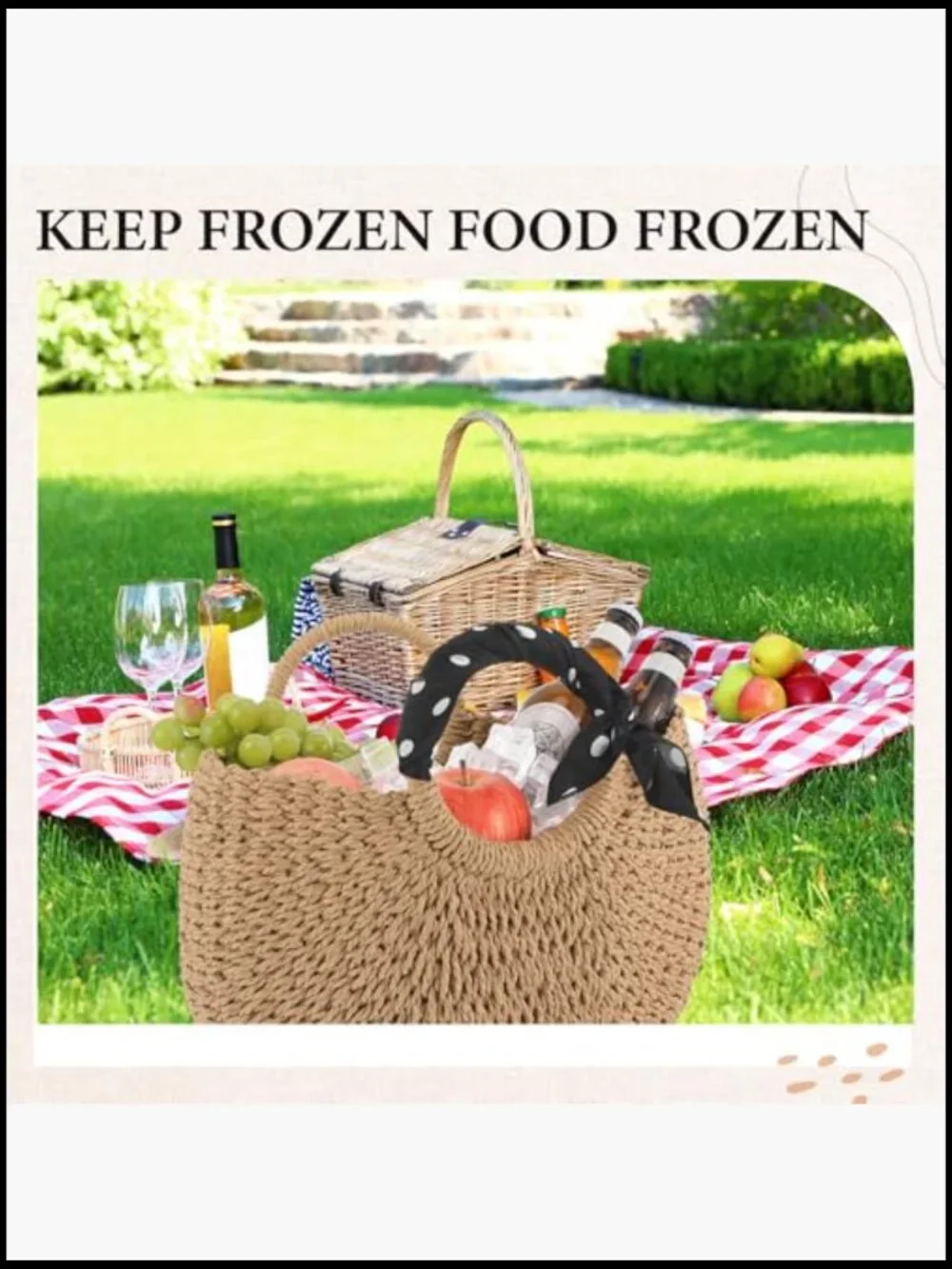 Insulated Straw Beach Cooler Bag Woven Tote Drawstring Closure Leak Proof Picnic